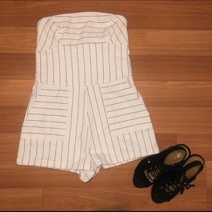 Strapless black and white striped romper